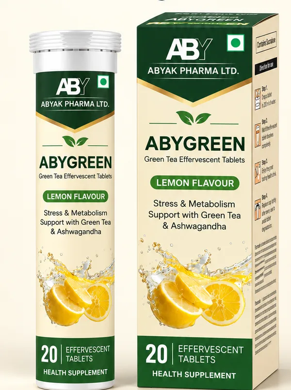 ABYGREEN green tea effervescent tablets, lemon flavour, tube and box