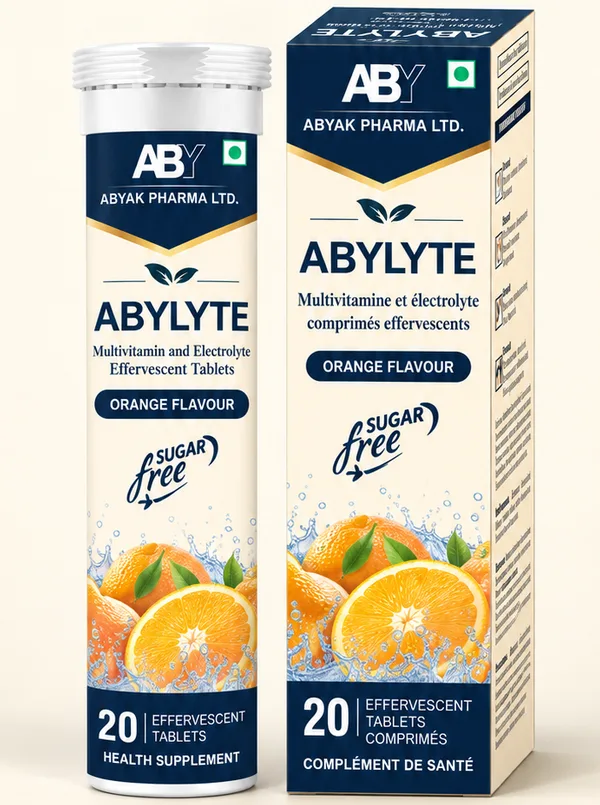 ABYLYTE multivitamin and electrolyte effervescent tablets, orange flavour, tube and box