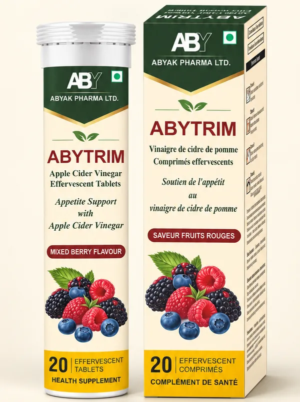 ABYTRIM apple cider vinegar effervescent tablets, mixed berry flavour, tube and box